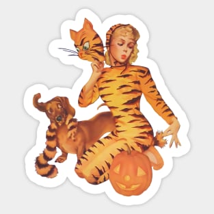 REVISTANGO #54 - The Tiger Girl—Blonde Pin-Up Kneeling Beside Jack-O’-Lantern and Puppy in Classic Midcentury Pulp Halloween Artwork Sticker